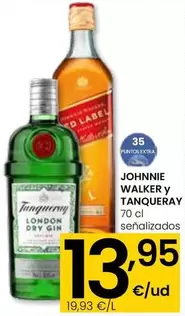 Oferta de Johnnie Walker Y Tanqueray - 70 Cl Señalizados  por 13,95€ en Eroski