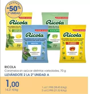 Oferta de Ricola - Caramelos Sin Azucar Distintas Variedades, 70 G por 1,99€ en Supermercados Plaza