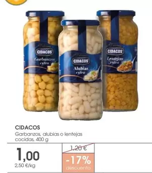 Oferta de Cidacos - Garbanzos, Alubias O Lentejas Cocidas por 1€ en Supermercados Plaza