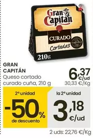 Oferta de Gran Capitán - Queso Cortado Curado Cuna por 6,37€ en Eroski