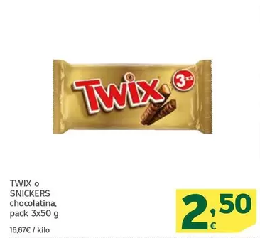 Oferta de Twix/Snickers - Chocolatina por 2,5€ en HiperDino