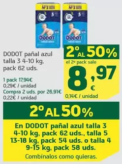 Oferta de Dodot - Pañal Azul Talla 3 4-10 Kg por 17,94€ en HiperDino