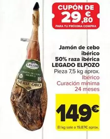Oferta de Legado ElPozo - Jamón De Cebo Ibérico 50% Raza Ibérica por 149€ en Carrefour Market