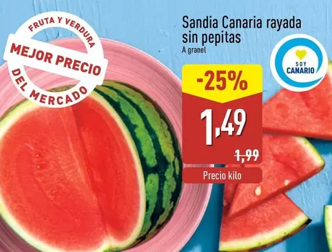 Oferta de Sandia Canaria Rayada Sin Pepitas por 1,49€ en ALDI