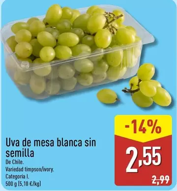 Oferta de Uva De Mesa Blanca Sin Semilla por 2,55€ en ALDI