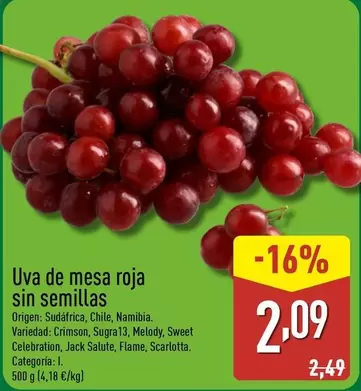 Oferta de Uva De Mesa Roja Sin Semillas por 2,09€ en ALDI