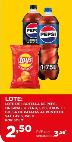 Oferta de Pepsi - Original O Zero 1,75 Litros + 1 Bolsa De Patatas Al Punto De Sal Lay por 2,5€ en Alimerka
