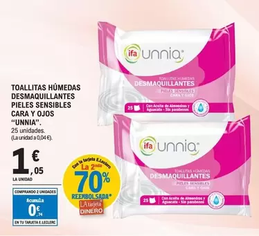 Oferta de Unnia - Toallitas Humedas Desmaquillantes Pieles Sensibles Cara Y Ojos por 1,05€ en E.Leclerc