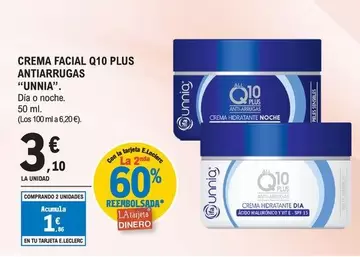 Oferta de Unnia - Crema Facial Q10  Antiarrugas por 3,1€ en E.Leclerc