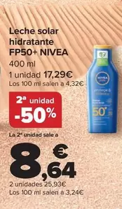 Oferta de Nivea - Leche Solar Hidratante  Fp50+  en Carrefour