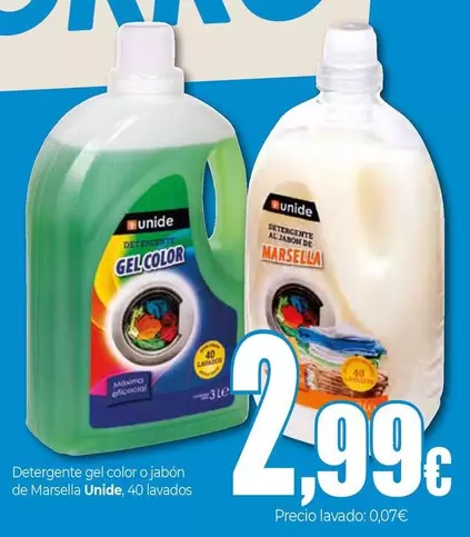 Oferta de Unide - Detergente Gel Color O Jabon De Marsella por 2,99€ en Unide Supermercados