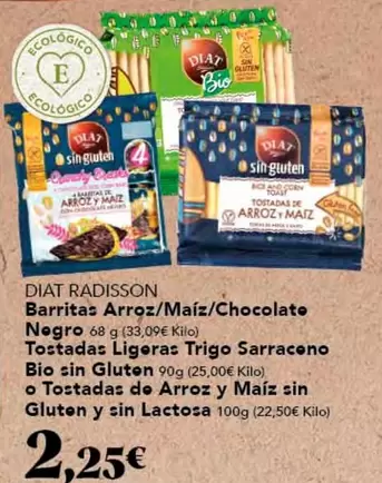Oferta de Bio - Diet Radisson Barritas Arroz/ Maiz/ Chocolate Negro Tostadas Ligeras Trigo Sarraceno Bio por 2,25€ en Gadis