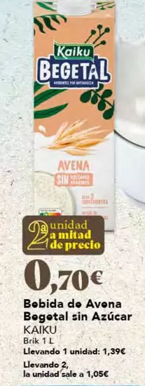 Oferta de Kaiku - Bebida De Avena Begetal Sin Azucar por 0,7€ en Gadis
