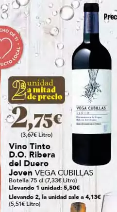 Oferta de Vega Cubillas - Vino Tinto D.o. Ribera Del Duero por 5,5€ en Gadis