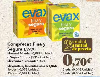 Oferta de Evax - Compresas Fina Y Segura por 0,7€ en Gadis