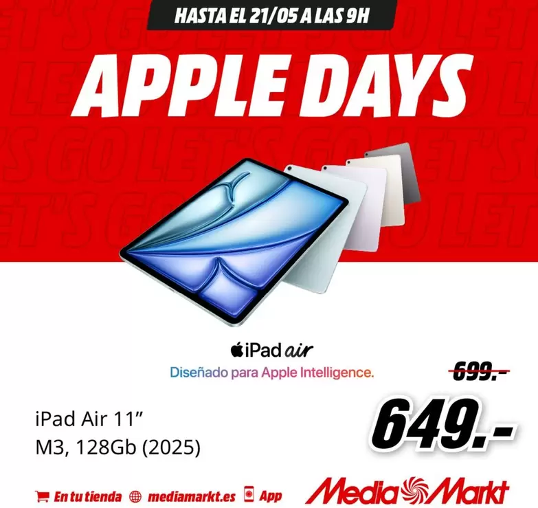 Oferta de Apple -  Air 11" M3, 128gb (20-25) por 649€ en MediaMarkt