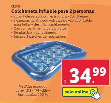 Oferta de Crivit - Colchoneta Inflable Para 2 Personas por 34,99€ en Lidl