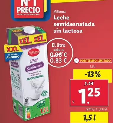 Oferta de Milbona - Leche Semidesnatada Sin Lactosa por 1,25€ en Lidl