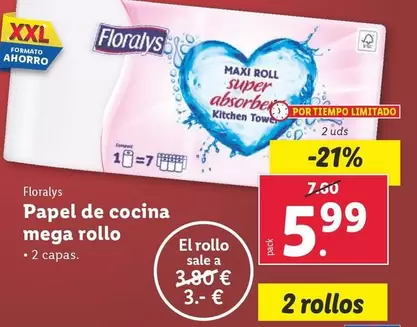 Oferta de Floralys - Papel De Cocina Mega Rollo por 5,99€ en Lidl
