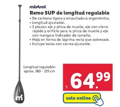Oferta de Mistral - Remo SUP De Longitud Regulable por 64,99€ en Lidl