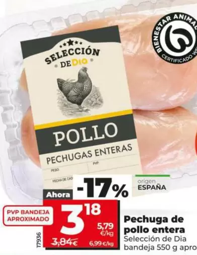 Oferta de Seleccion De Dia - Pechuga De Pollo Entera  por 3,18€ en Dia