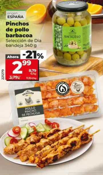 Oferta de Seleccion De Dia - Pinchos De Pollo Barbacoa Bandeja 340 G por 2,99€ en Dia