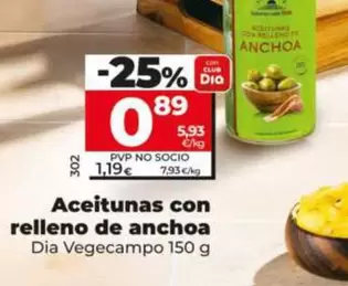 Oferta de Dia Vegecampo - Aceitunas Con Relleno De Anchoa 150 G por 0,89€ en Dia