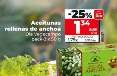 Oferta de Dia Vegecampo - Aceitunas Rellenas De Anchoa Pack-3 X 50 G por 1,34€ en Dia