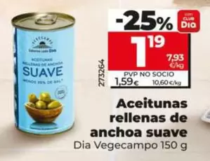 Oferta de Dia Vegecampo - Aceitunas Rellenas De Anchoa Suave 150 G por 1,19€ en Dia