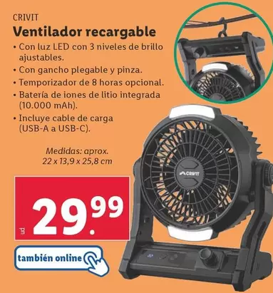 Oferta de Crivit - Ventilador Recargable por 29,99€ en Lidl