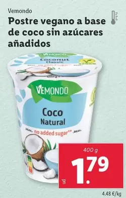 Oferta de Vemondo - Postre Vegano A Base De Coco Sin Azucares Anadidos por 1,79€ en Lidl