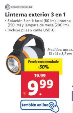 Oferta de Bresser - Linterna Exterior 3 En 1 por 9,99€ en Lidl