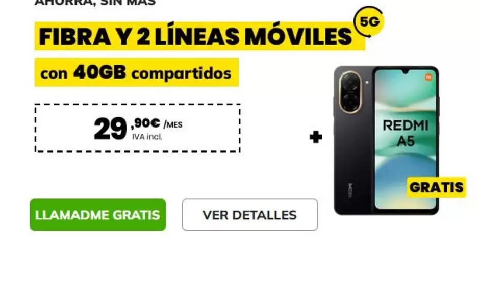 Oferta de Redmi - Fibra Y 2 Líneas Móviles por 29,9€ en MÁSmóvil