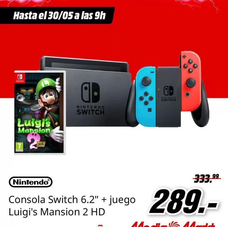 Oferta de Nintendo - Consola Switch 6.2" + Juego Luigi's Mansion 2 HD por 289€ en MediaMarkt