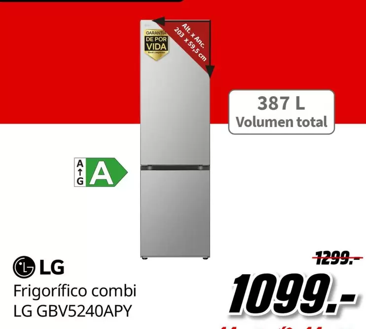 Oferta de LG - Frigorífico Combi Gbv5240apy por 1099€ en MediaMarkt