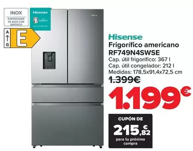 Oferta de Hisense - Frigorífico Americano RF749N4SWSE por 1199€ en Carrefour